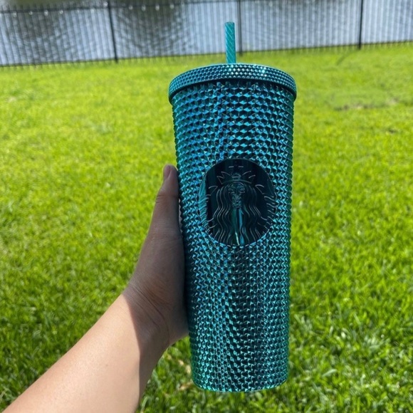 Starbucks Blue Metallic Chrome Studded Tumbler Cup 24oz & Keychain Ornament 2pc - Picture 9 of 9